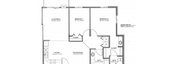 A floor plan of a two bedroom apartment with a living room, dining room, kitchen, and bathrooms.