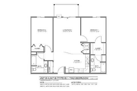 A black and white drawing of a floor plan for a two bedroom apartment.