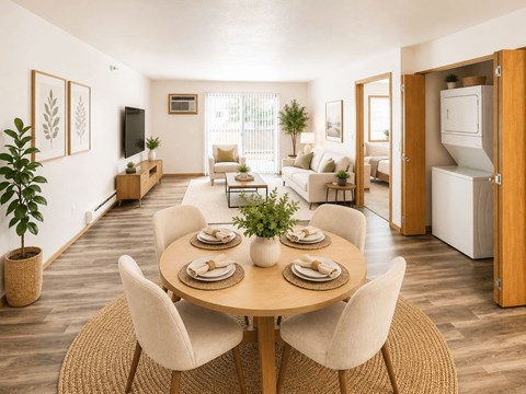 A dining room with a round table surrounded by chairs.