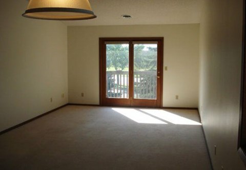A room with a brown carpet and a brown door leading outside.