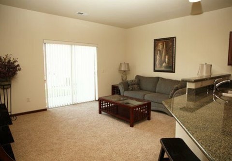 A living room with a grey couch, a coffee table, and a painting on the wall.