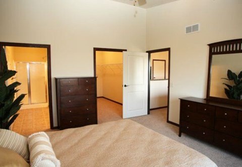 A bedroom with a bed, dresser, and mirror.