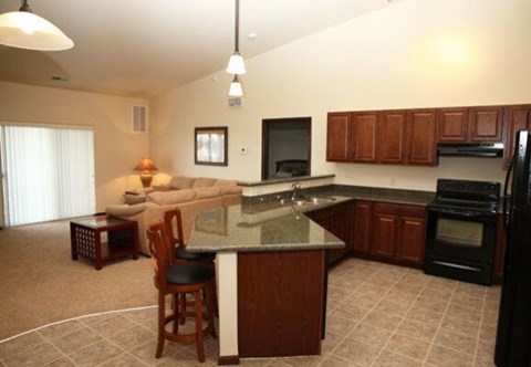 A kitchen with a black refrigerator and wooden cabinets.