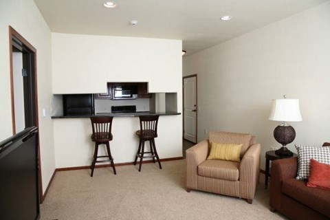 A living room with a couch, chairs, and a television.