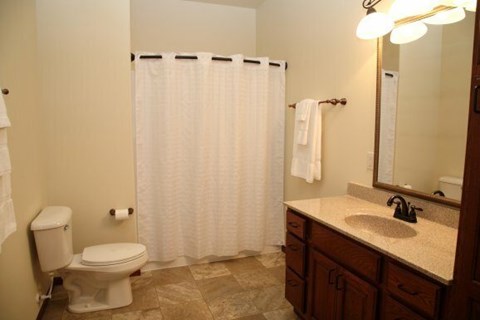 A bathroom with a toilet, sink, and shower curtain.