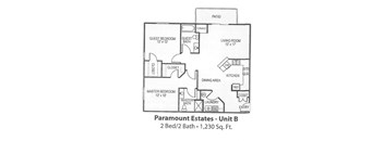 A floor plan for Paramount Estates - Unit B, a 2 Bed/2 Bath property, is shown.