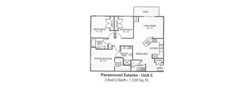 A drawing of a house layout with a living room, dining area, kitchen, and three bedrooms.