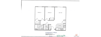 A floor plan of a 2 Bedroom 1 Bath unit with a living room.