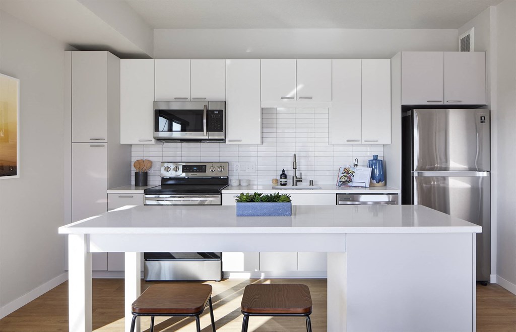 a white kitchen with a large island and stainless steel appliances