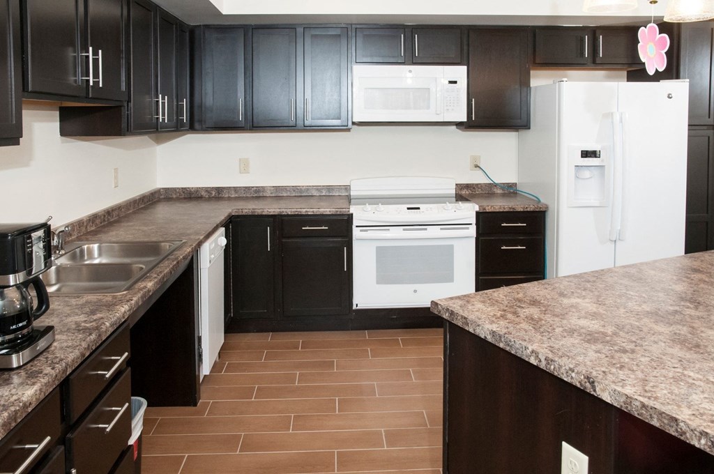 a kitchen with black cabinets and white appliances and granite counter tops