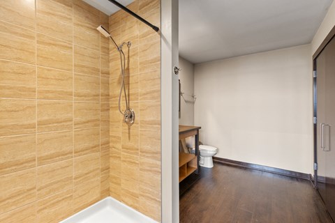 A bathroom with a shower and toilet.