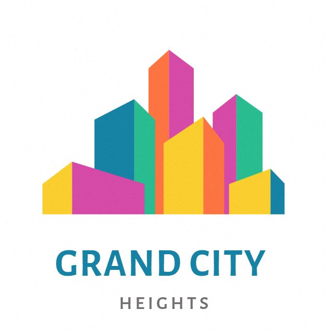 a logo for grand city heights with a city skyline