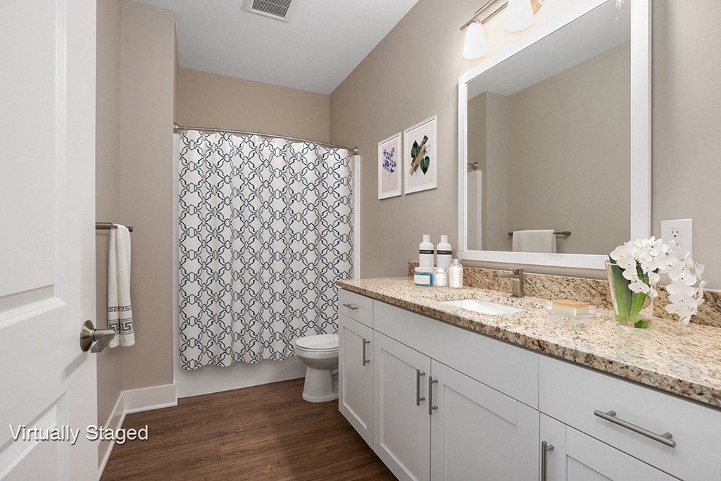 a bathroom with a large mirror and a sink and a toilet