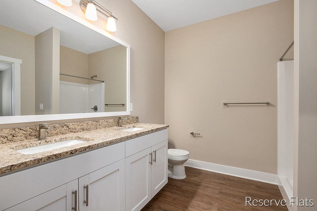 a bathroom with two sinks and a toilet and a mirror