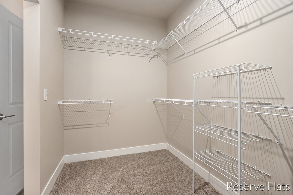 a spacious closet with wire shelves and carpeted flooring