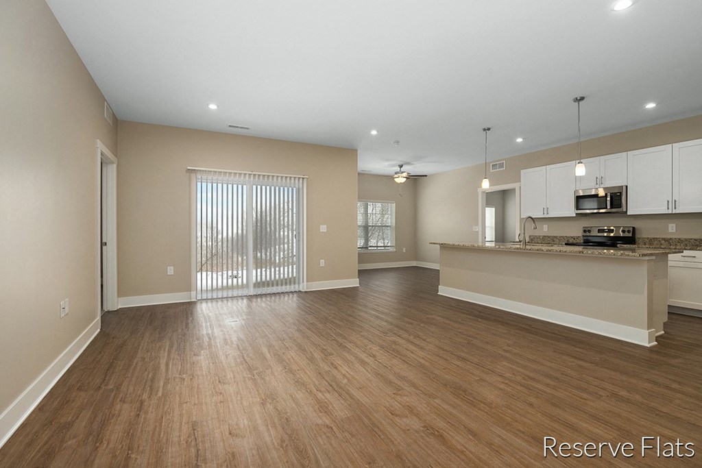 an open living room and kitchen with wood flooring