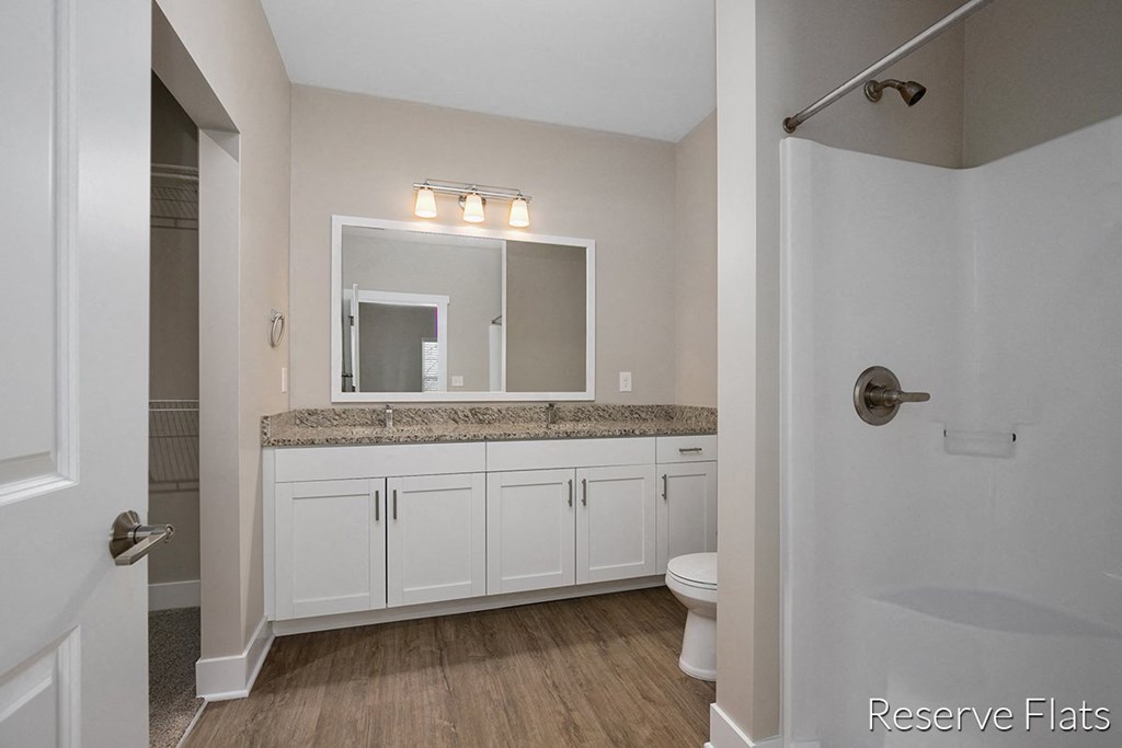 a bathroom with white cabinets and a mirror and a toilet