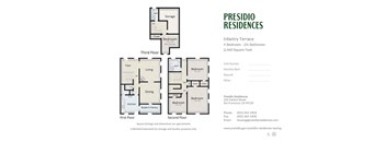 A floor plan for a Presidio Residence with a living room, dining room, kitchen, and bedrooms.