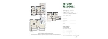 A floor plan for a Presidio Residences single family home with 3 bedrooms and 2.5 baths.