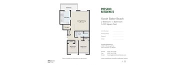 A floor plan for a 2 Bedroom - 1 Bathroom apartment at South Baker Beach.