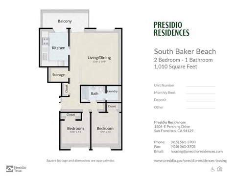 A floor plan for a 2 Bedroom - 1 Bathroom apartment at South Baker Beach.