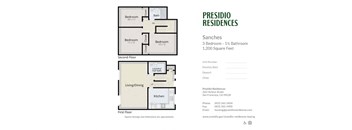 A floor plan for a residence with three bedrooms and one bathroom.