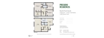 A floor plan for a 1,600 square foot 3 bedroom apartment with 1 full and 2 half baths from Presidio Residences.