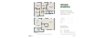A floor plan for a 4 bedroom apartment with 2 1/2 bathrooms at Presidio Residences in North Fort Scott.