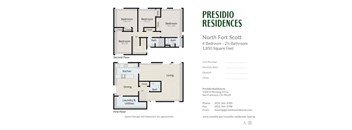 A floor plan for a 4 bedroom apartment with 2 bathrooms sits on a white background.