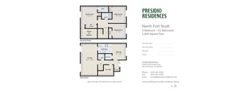 A floor plan for a 1,600 square foot apartment with 3 bedrooms and 2 1/2 bathrooms.