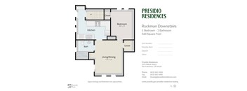 A floor plan for a Presidio Residences unit with one bedroom and one bathroom.