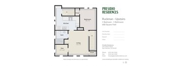 A floor plan for a 1 bedroom, 1 bathroom apartment at Presidio Residences.