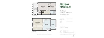 A floor plan for a 2 bedroom, 1 bathroom apartment at Presidio Residences.