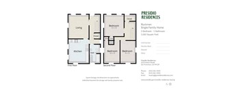 A floor plan for a single family home with three bedrooms and one bathroom.