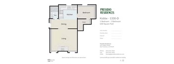 A floor plan for a Presidio Residences apartment, number 1330-D, with one bedroom and one bathroom, totaling 630 square feet.