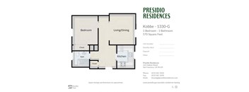 A floor plan for a 1 bedroom apartment in Presidio Residences.