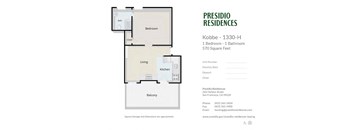 A floor plan for a 1 bedroom apartment at Presidio Residences.