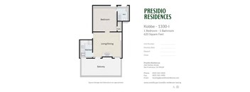 A floor plan for a 1 bedroom apartment with 1 bathroom and a total area of 620 square feet.