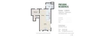 A floor plan for a one bedroom apartment at Presidio Residences.