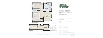 A floor plan for a one bedroom apartment at Presidio Residences.