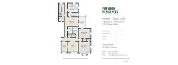A floor plan for a 2,000 square foot apartment with three bedrooms and two bathrooms at Presidio Residences.