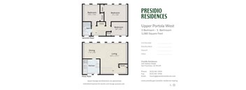 A floor plan for a 3 bedroom apartment with 1 bathroom.