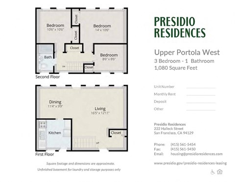 A floor plan for a 3 bedroom apartment with 1 bathroom.