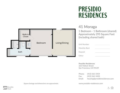 A floor plan for a Presidio Residence with a bedroom, bathroom, living/dining area, and walk-in closet.
