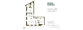 A floor plan for a Presidio Residences property with a living/dining room, kitchen, two bedrooms, and two bathrooms.