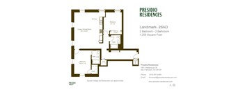 A floor plan for a 2 bedroom, 2 bathroom apartment sized at 1,200 square feet.