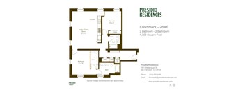 A floor plan for a 2 bedroom, 2 bathroom apartment sized at 1,300 square feet.