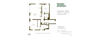 A floor plan for a 2 bedroom, 2 bathroom apartment from Presidio Residences.