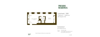 A floor plan for a Presidio Residences property with a kitchen, living/dining room, bedroom, and bathroom.