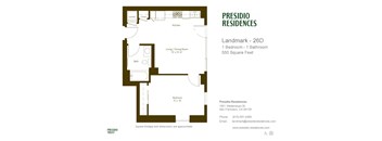 A floor plan for a Presidio Residences property showing a living/dining room, kitchen, bath, and bedroom.
